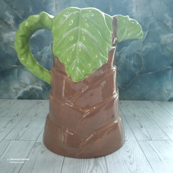 Vintage Brown Tree & Green Leaf Hand-Crafted & Painted Ceramic Beverage Pitcher - Picture 3 of 7